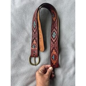 Vintage Chambers Genuine Leather Belt Mens 44 Tooled Aztec Western 80s